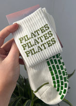 Load image into Gallery viewer, &quot;PILATES PILATES PILATES&quot; BEIGE / GREEN GRIP SOCKS
