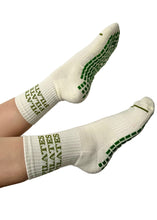 Load image into Gallery viewer, &quot;PILATES PILATES PILATES&quot; BEIGE / GREEN GRIP SOCKS
