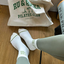 Load image into Gallery viewer, &quot;PILATES PILATES PILATES&quot; BEIGE / GREEN GRIP SOCKS
