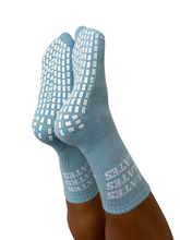 Load image into Gallery viewer, &quot;PILATES PILATES PILATES&quot; BLUE GRIP SOCKS
