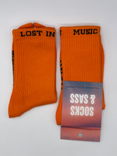 Load image into Gallery viewer, &quot;LOST IN MUSIC&quot; ORANGE CREW SOCKS - SASSY SECONDS
